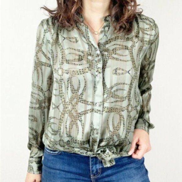 Richard Allan X H&M Designer Collab Patterned Airy Tunic/Shirt Olive Grn Sz 14 - Picture 4 of 6